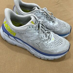 Hoka One One Women's Light Gray Athletic Shoes with Blue and Yellow Accents